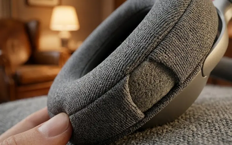 Detalhe das almofadas de espuma de memória de um headphone bluetooth de alta qualidade.