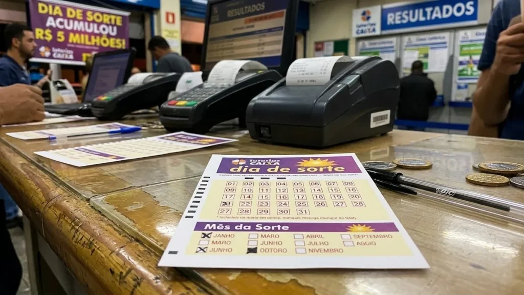 volante do Dia de Sorte com números e mês da sorte marcados em lotérica brasileira