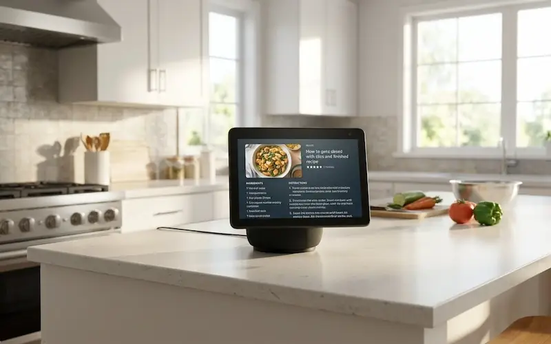 Echo Show com tela inteligente exibindo informações na cozinha