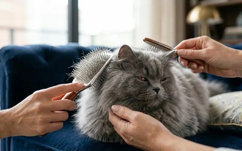 Close-up das mãos de um tutor escovando delicadamente um Gato Persa cinza.