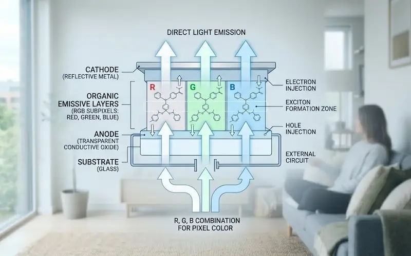 Diagrama técnico simplificado da estrutura de um pixel OLED.