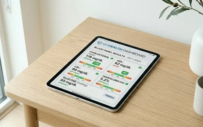 Tablet exibindo resultados de exames laboratoriais de Vitamina D.