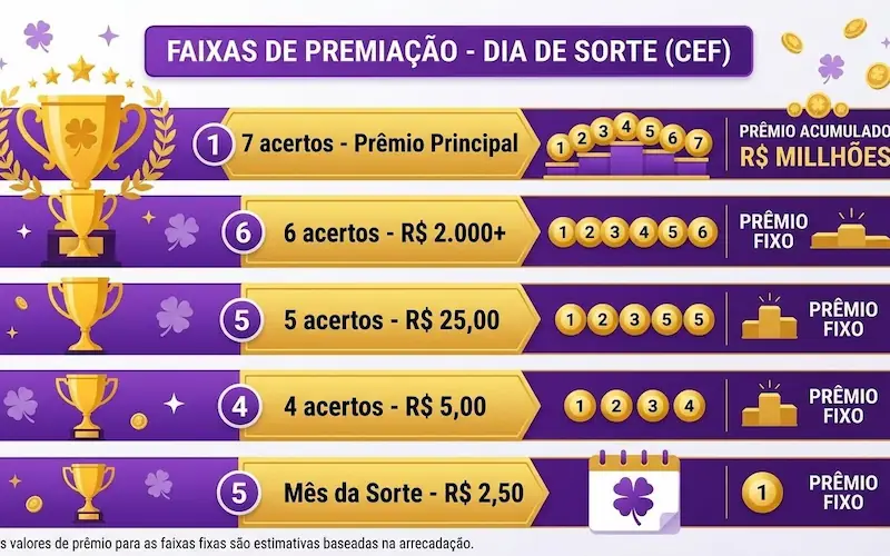 infográfico com as cinco faixas de premiação do Dia de Sorte