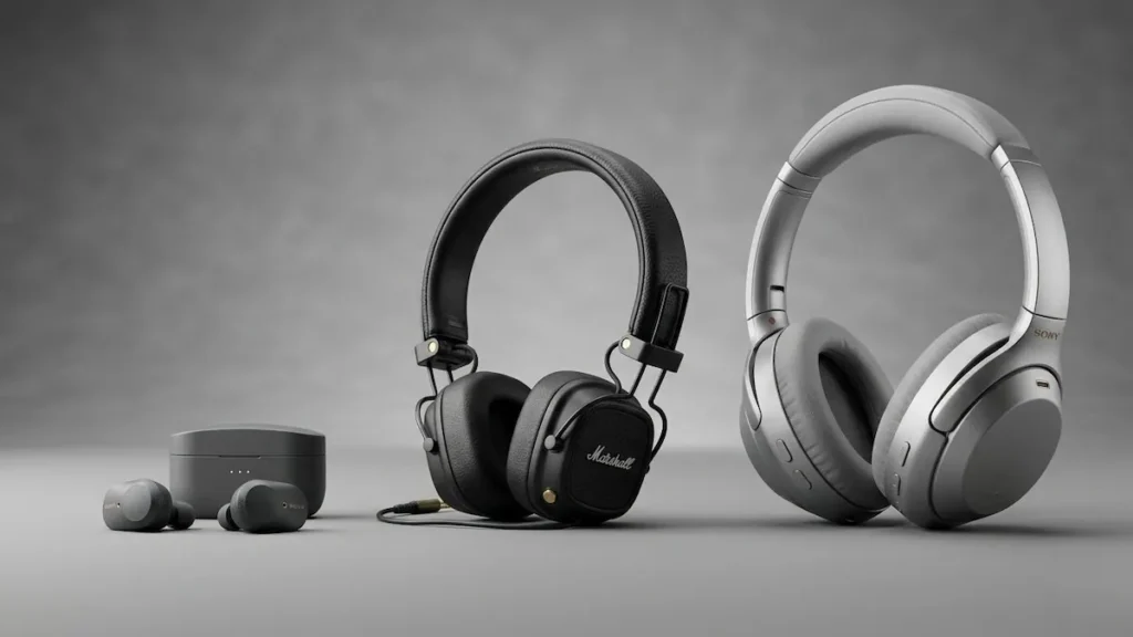 Comparativo visual de fones de ouvido bluetooth nos formatos in-ear, on-ear e over-ear.