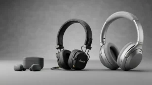 Comparativo visual de fones de ouvido bluetooth nos formatos in-ear, on-ear e over-ear.