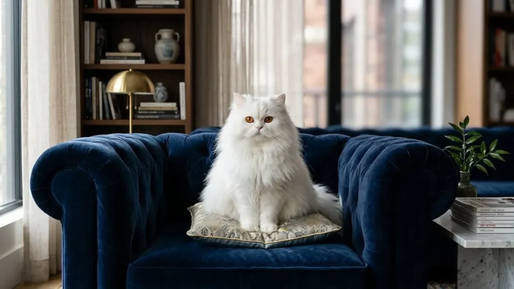 Um Gato Persa branco com pelagem longa e bem cuidada sentado em um sofá de luxo.
