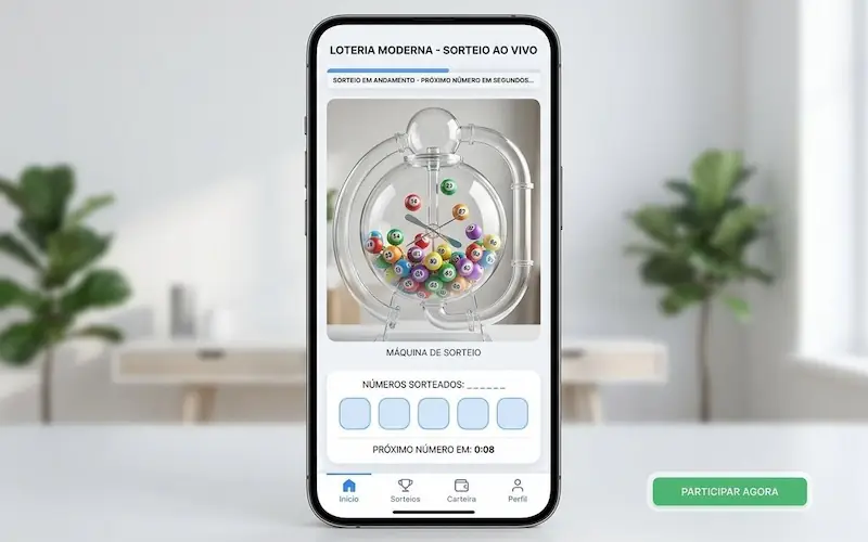 Globo de sorteio transparente com esferas coloridas e brilhantes em movimento.