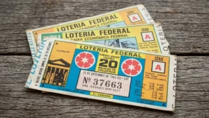 Antigos bilhetes de loteria federal em papel sobre uma mesa de madeira.