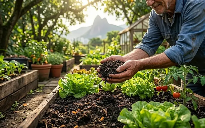 Horta caseira exuberante sendo adubada com composto produzido em casa.