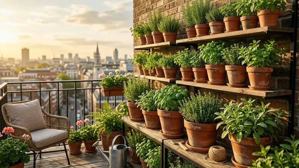 Horta em casa organizada em uma varanda de apartamento recebendo luz solar matinal.