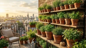 Horta em casa organizada em uma varanda de apartamento recebendo luz solar matinal.