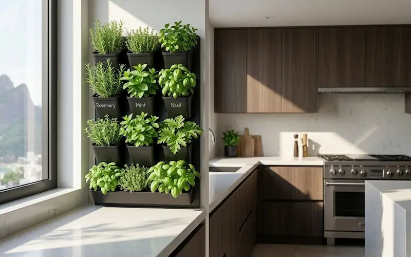 Horta vertical na cozinha com alecrim, hortelã e manjericão.