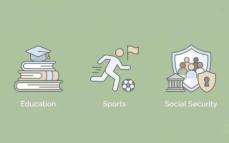 Ícones representando esporte, educação e segurança sobre um fundo verde suave.