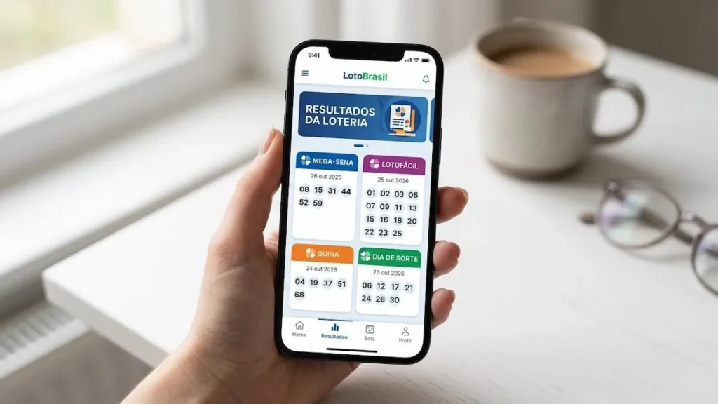 Tela de smartphone exibindo o aplicativo oficial das Loterias Caixa com resultados da Mega-Sena.