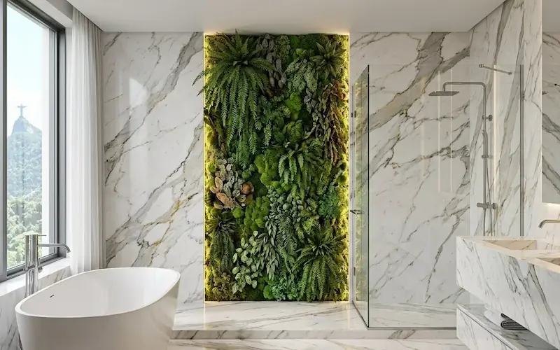 Parede com jardim vertical de plantas artificiais em um banheiro luxuoso.