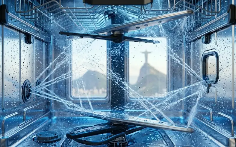 Visão interna dos braços aspersores de uma máquina de lavar louça em funcionamento.