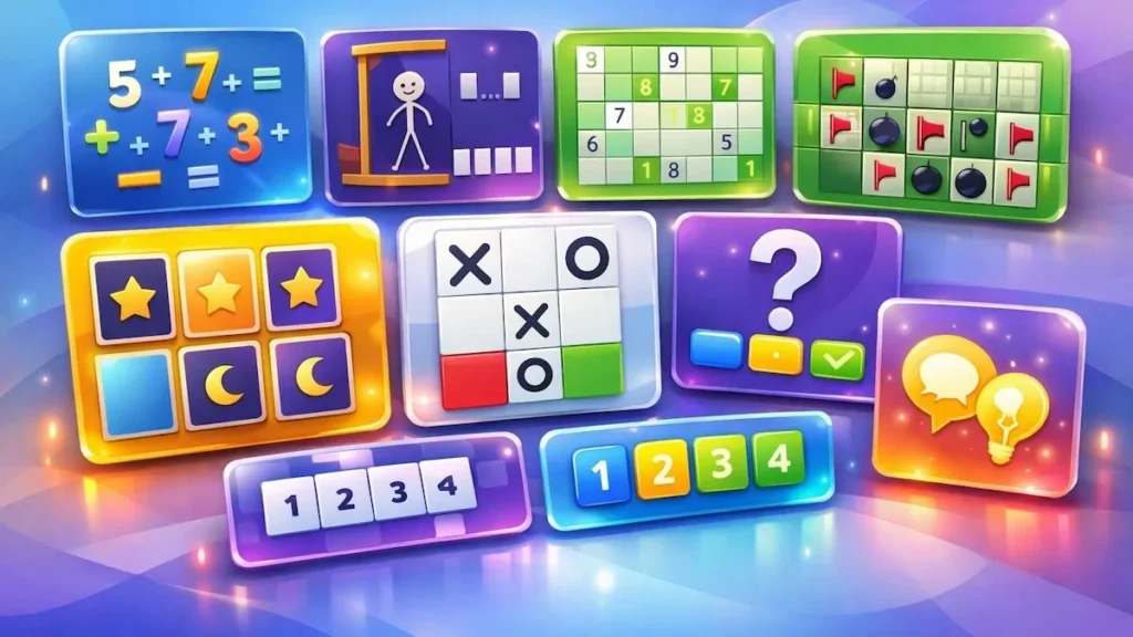 Interface moderna de portal com jogos online educativos incluindo matemática, forca, sudoku, campo minado, jogo da memória, jogo da velha e quiz de conhecimentos gerais