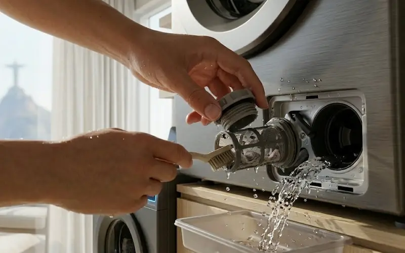 Procedimento de limpeza do filtro de detritos em uma lavadora automática.