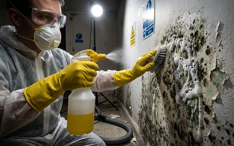 Pessoa usando máscara e luvas realizando a limpeza de mofo com solução técnica.