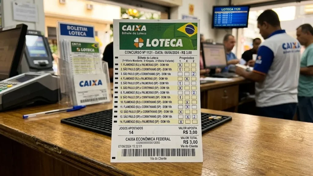 volante da Loteca com palpites marcados nos 14 jogos de futebol