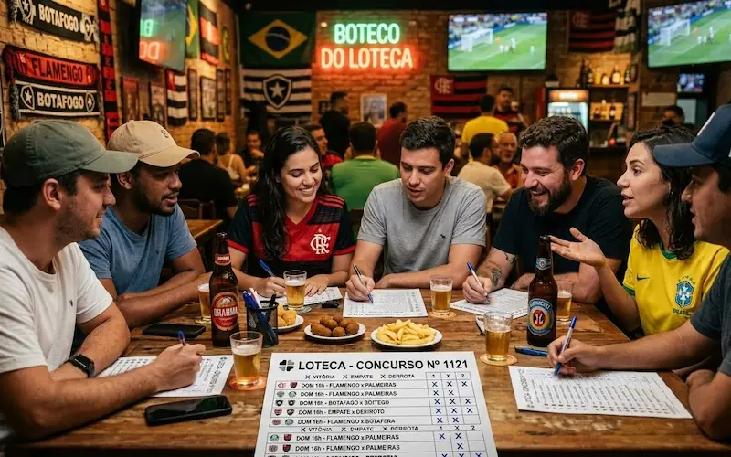 grupo de amigos analisando jogos de futebol para apostar na Loteca