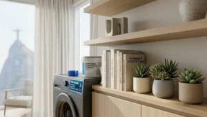 Máquina de lavar roupas frontal de última geração em uma lavanderia moderna e iluminada.