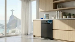 Máquina de lavar louça de embutir em uma cozinha de luxo com acabamento preto fosco.