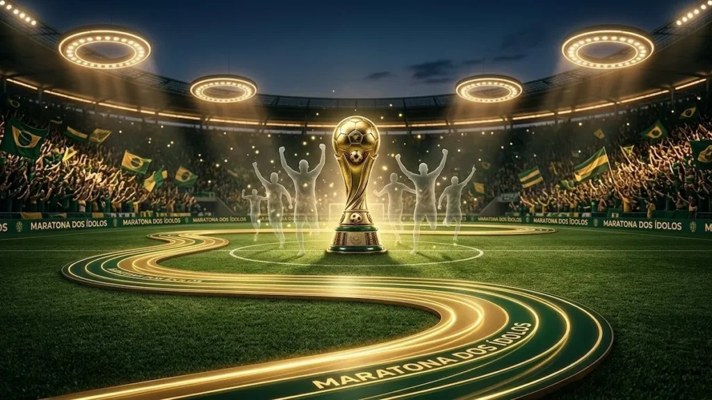 Ilustração 3D de um estádio de futebol com pista de maratona dourada e troféu central para o desafio de 100 ídolos no maurogomes.com.