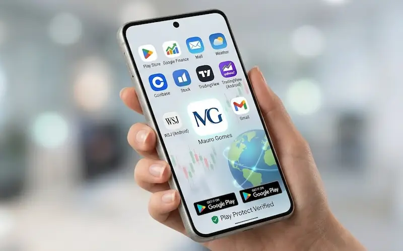 "Ilustração conceitual de um smartphone Android exibindo um ícone personalizado com as iniciais 'MG' e o nome 'Mauro Gomes' em uma interface de aplicativos financeiros."
