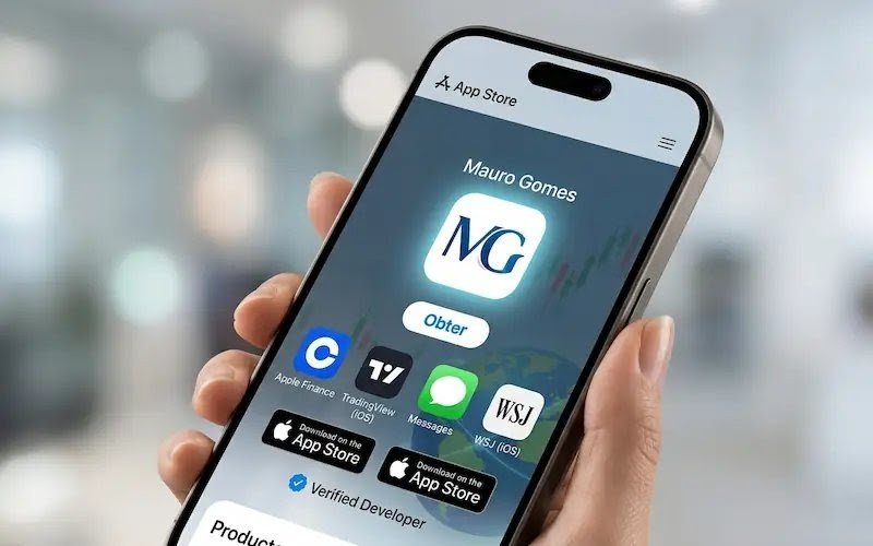 "Interface de um iPhone exibindo a página de aplicativo na App Store para o portal Mauro Gomes, mostrando o logotipo MG azul em destaque e botões de download da Apple."