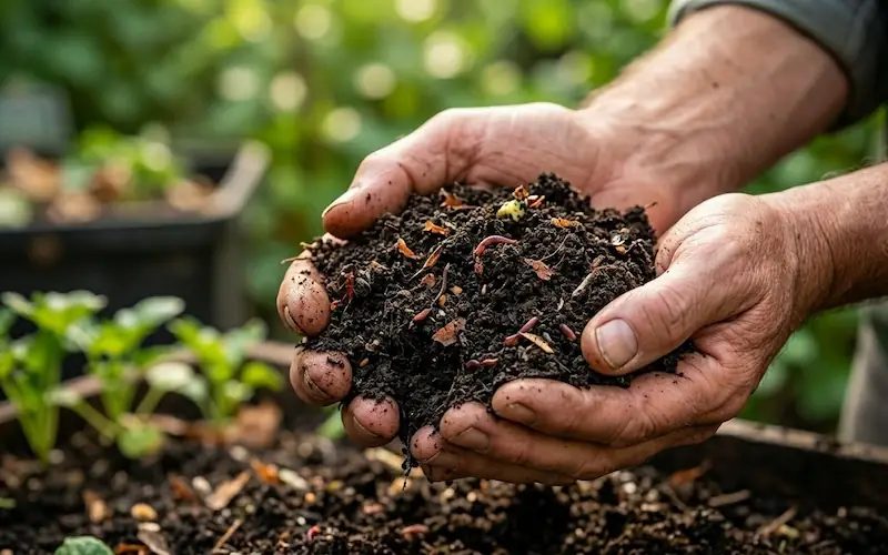 Close-up de húmus de minhoca de alta qualidade e terra preta fértil.