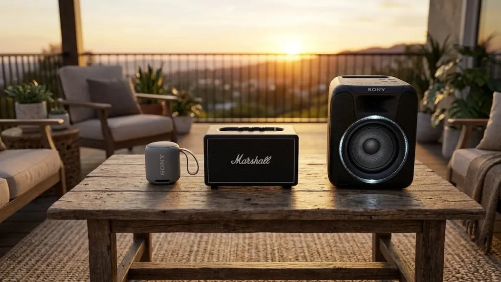 Diferentes modelos de caixas de som bluetooth em um ambiente de festa e lazer.