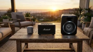 Diferentes modelos de caixas de som bluetooth em um ambiente de festa e lazer.