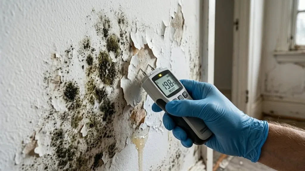 Parede com manchas de bolor sendo analisada por um profissional com medidor de umidade.