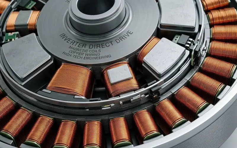 Detalhe técnico de um motor Inverter Direct Drive de uma máquina de lavar.