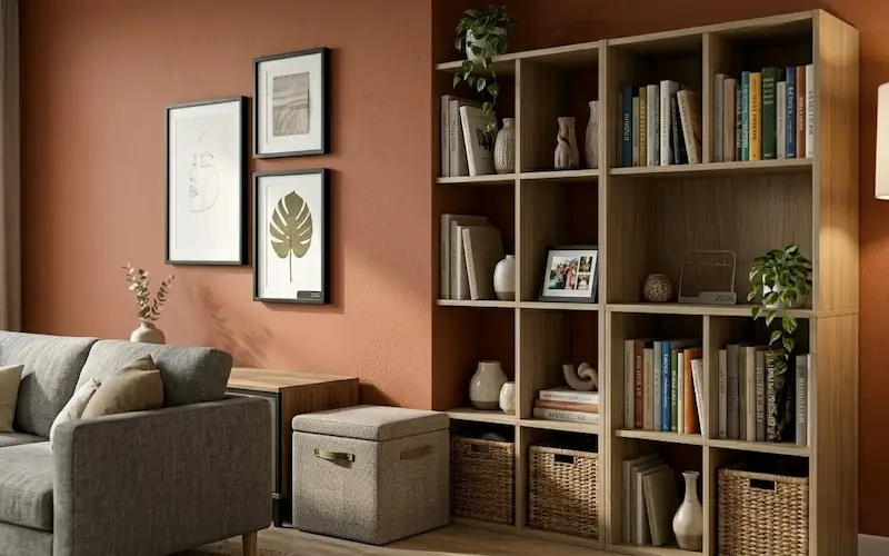 Puff baú e estante de nichos organizando uma sala de estar compacta.