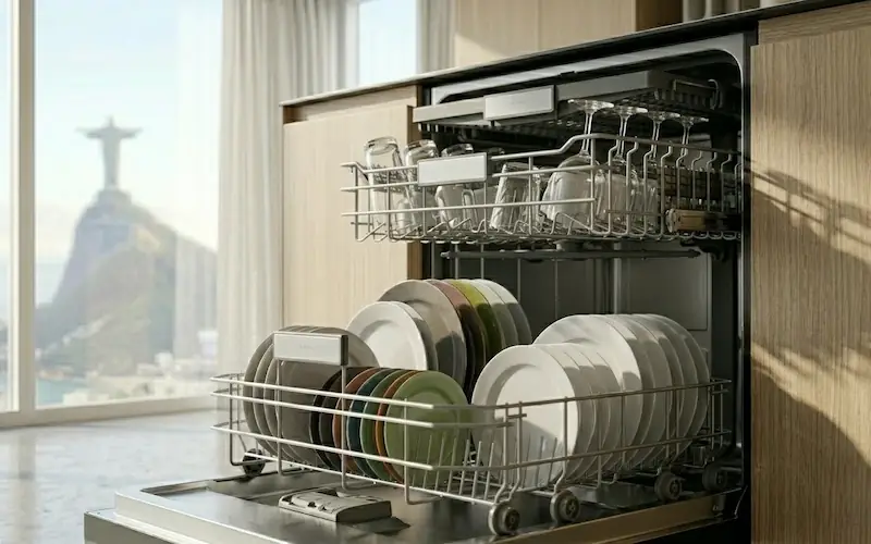 Cesto de lava-louças organizado com pratos e talheres em uma cozinha bem iluminada.