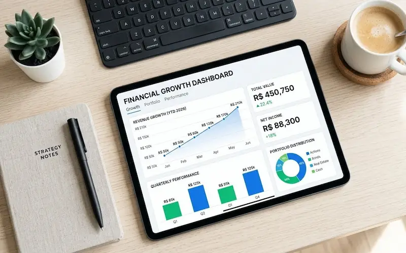 Tablet com gráficos financeiros e uma caneta sobre uma mesa organizada.
