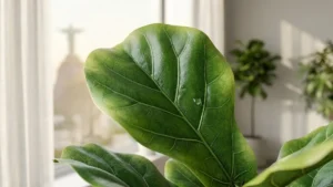 Detalhe de uma planta artificial de alta qualidade com textura realista em uma sala moderna.