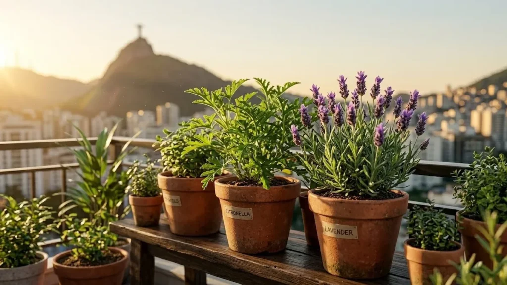 Uma seleção de plantas repelentes como Citronela e Lavanda em uma varanda ensolarada.