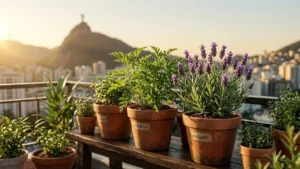 Uma seleção de plantas repelentes como Citronela e Lavanda em uma varanda ensolarada.