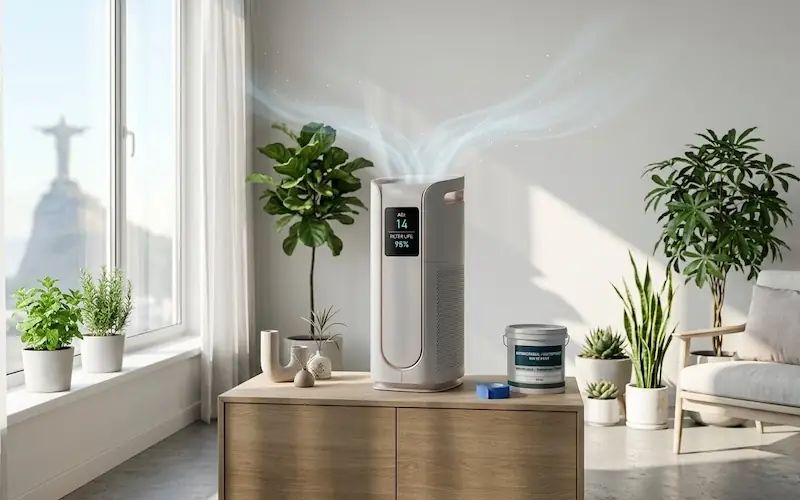 Purificador de ar moderno com filtro HEPA em uma sala bem ventilada.