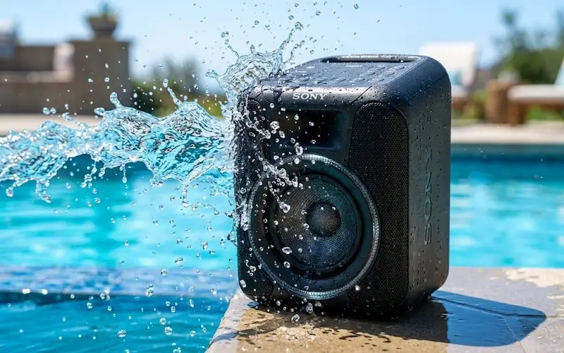 Caixa de som bluetooth sendo molhada por água em uma piscina, destacando proteção IPX7.