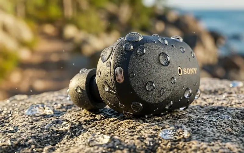 Fone bluetooth esportivo com gotas de água destacando a certificação IPX.