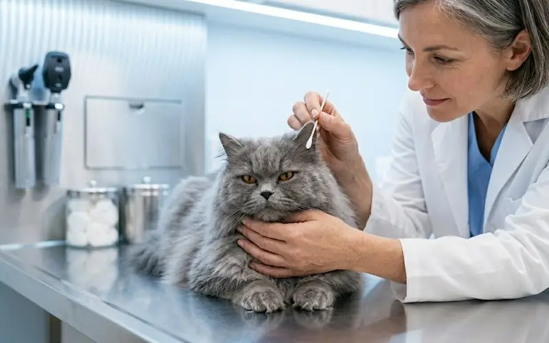 Veterinário realizando exame de rotina em um Gato Persa cinza calmo.