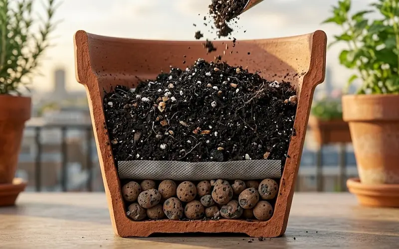 Detalhe das camadas de drenagem com argila expandida e manta de bidim no fundo de um vaso.