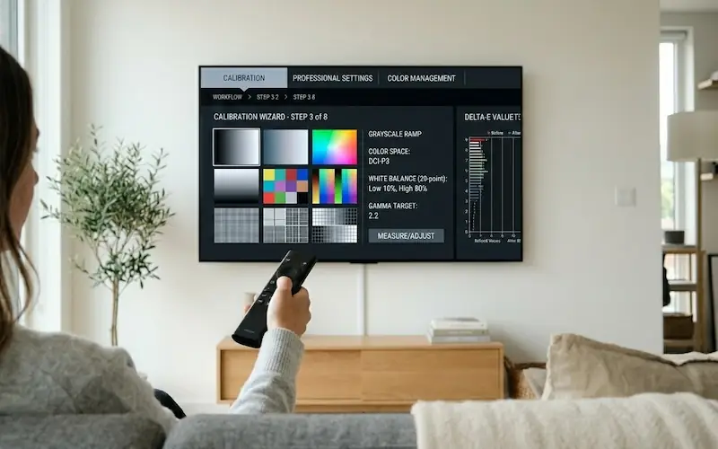 Mão segurando um controle remoto e ajustando configurações de calibração em uma TV OLED.