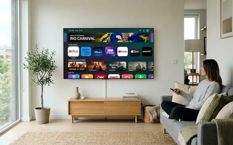 Interface de usuário fluida e moderna de uma Smart TV OLED com aplicativos de streaming.