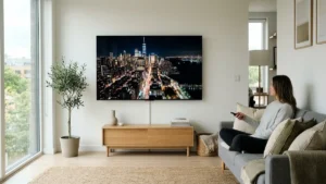Smart TV OLED ligada em uma sala de estar moderna e clean.