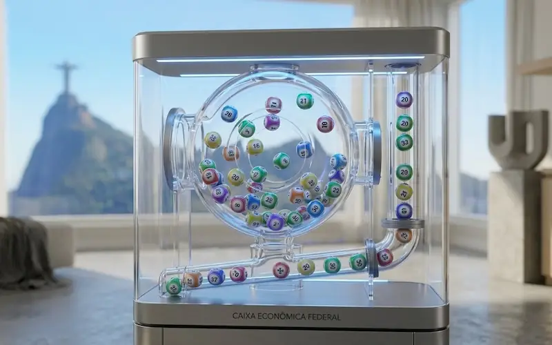 Globo de sorteio moderno com bolas numeradas coloridas e iluminação suave.